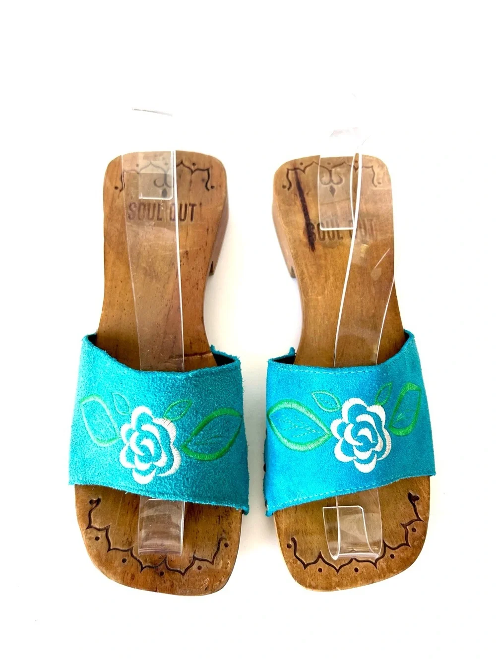 Soul Out Vintage 90s Turqoise Blue Suede Platform Wood Mule Slide Sandals 7.5